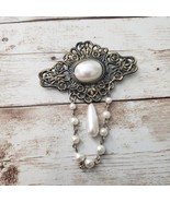 Vintage Brooch / Pin Ornate with Faux Pearl Dangles - £11.73 GBP