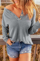 Gray Henley Pullover Drop Shoulder Sweater with Slits - £24.17 GBP