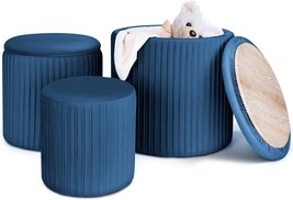 Coolbebe Round Ottoman With Storage Set Of 3, 3Pcs Velvet Vanity, Navy Blue - $116.99