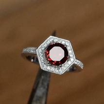 1.50Ct Round Cut Red Garnet &amp; Diamond Pretty Halo Ring 14k White Gold Finish - £81.68 GBP