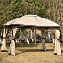 9.8 Ft. W x 11.8 Ft. D Patio Outdoor Gazebo Double Roof Soft Canopy in Khaki - £910.06 GBP