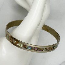 Vintage Mexico Silver Tone Abalone Shell Inlay Bangle Bracelet - £18.73 GBP