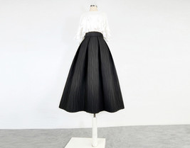 Women Black Midi Skirt Autumn Black Pleated Party Skirt Plus Size Line Pattern image 6