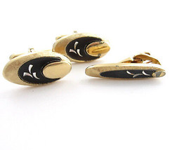 Black Enamel Swank Cufflinks And Tie Clasp Set Goldtone Silvertone Men&#39;s Vintage - £18.28 GBP