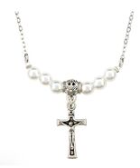 Silver  1&quot; Crucifix Necklace with Faux Pearls, New #AB-353-R2 - $146.13 MXN