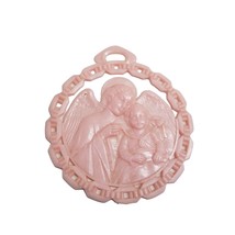 Vintage Mary Jesus Round Wall Hanging Catholic Madonna Child Pink Plastic Angel - £14.05 GBP