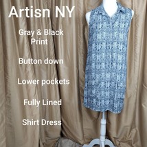 Artisan Ny Gray &amp; Black Print Lower Pockets Button Down Dress Size 8 - £11.01 GBP