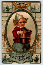 Christmas Postcard Child Dutch Girl Sailboat Windmill Bricks M Greiner 1912 - £34.74 GBP