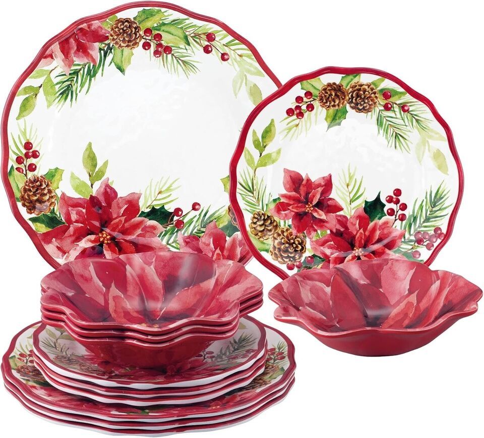 12-Piece Poinsettias Melamine Dinnerware Set - Service for 4 - $67.79