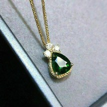 2Ct Pear Cut Green Emerald Diamond Women&#39;s Halo Pendant 14K Yellow Gold Finish - £123.88 GBP