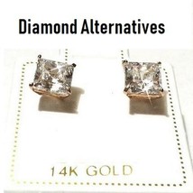 Princess Square Diamond Alternatives 6mm Stud Earrings Solid 14k Yellow Gold - £52.06 GBP