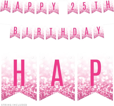 Faux Glitzy Pink Glitter Birthday Party Banner Decorations, Happy 25Th Birthday, - £16.07 GBP