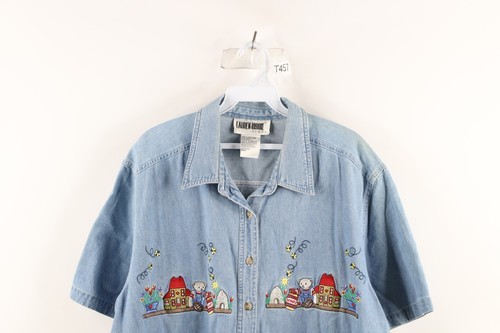 Vtg 90s Womens 20W Distressed Country Primitive Bear Flower Denim Button Shirt Item image 2