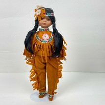 Native American Porcelain Girl Doll Fringe Pants &amp; Top Embroidery Trim 14&quot; Tall - £14.28 GBP