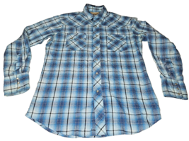Wrangler Western Shirt Mens Medium Blue navy Plaid Pearl Snap Style Long... - $15.47