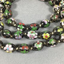 Chinese Export Cloisonné Enamel Beads Necklace 36&quot; Black Pink Green Vintage - $110.00