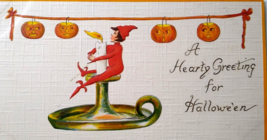 Halloween Postcard Pixie Elf Hanging On Candle Leubrie Elkus 7018 Germany 1912 - £76.23 GBP