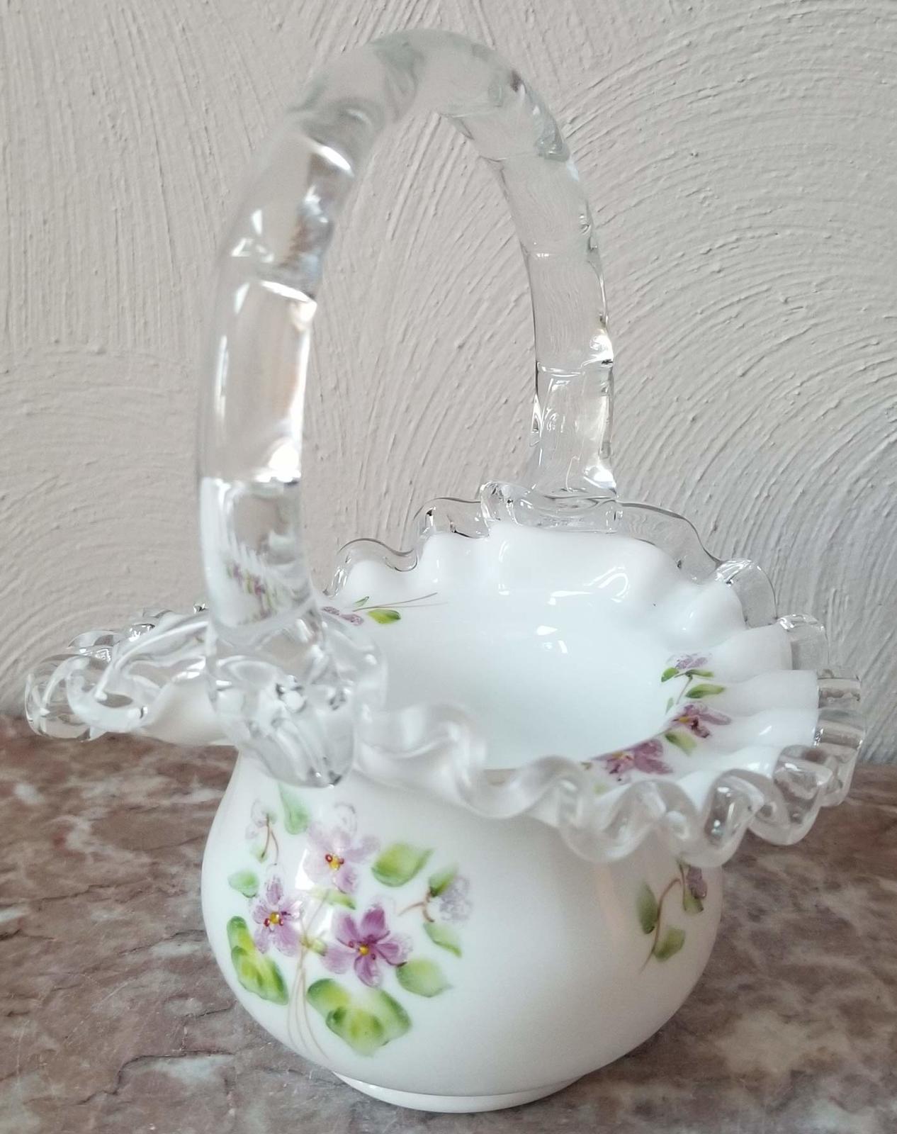 Fenton Art Milk Glass Silver Crest Basket - Handpainted Violets on the Snow - Or - $86.39