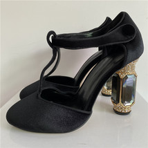 Emerald Agate Chunky Heel Wedding Shoes Jeweled High Heel Shoes T-strap Green Ve - £80.52 GBP