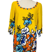 ECI New York Yellow Floral Tunic Dress 8 Jewel Collar Hawaiian Print Kne... - $37.49