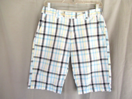 Izod shorts Bermuda walking Size 4 white blue plaid inseam 12&quot; 100% cotton - £10.27 GBP