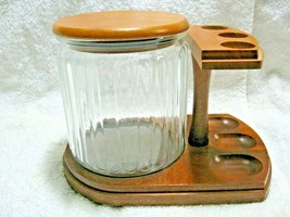 Vintage Wood 3 PIPE HOLDER &amp; Glass TOBACCO CANISTER-Smoking Parlor-Taver... - £35.34 GBP