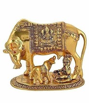 Gold Plated Metal Kamdhenu Cow and Calf with Krishna for Home Decor and Gifts - £18.18 GBP