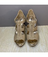 Fioni Gold Sparkle Stiletto Zip-up Front Open Toe Women&#39;s Size 6.5 - £10.38 GBP