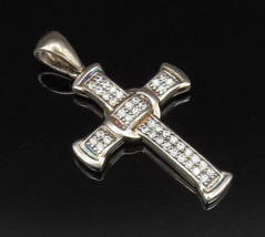 925 Sterling Silver - Vintage Sparkly Topaz Religious Cross Pendant - PT... - $37.64