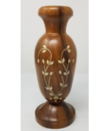 Walnut Vase Handmade Wood Inlaid Floral Motif Medium Urn Shape Tapered M... - $18.95