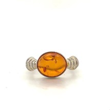Vintage Sign Sterling 925 Modern Oval Honey Baltic Amber Stone Solitaire Ring 7 - £30.95 GBP