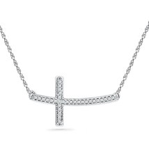 Sterling Silver Womens Round Diamond Horizontal Sideways Cross Necklace ... - £129.78 GBP
