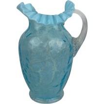 Antique Fenton Blue Opalescent Glass Pitcher Ruffled Edge Daisy Fern Pat... - $93.50