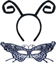 2 Pcs Halloween Butterfly Antenna Headband Lace Mask Black Hair Hoops Ma... - £15.66 GBP