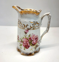 Vintage Hand Painted Gilded Floral Pitcher Creamer White Pink Roses Victorian 6&quot; - £22.43 GBP