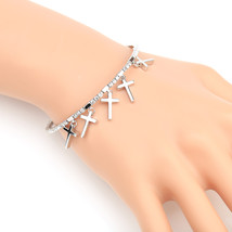 Silver Tone Bangle Bracelet With Swarovski Style Crystals &amp; Crosses - £22.13 GBP