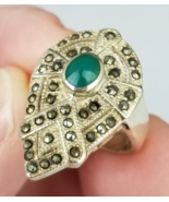 ANTIQUE STERLING SILVER ladies ring Gemstone Malachite .925 size 6 OLD - $58.54 CAD