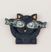 Black Cat Holding Two Fish Humorous Enamel Pin Kitty Cat Fashion Jewelry - £6.42 GBP