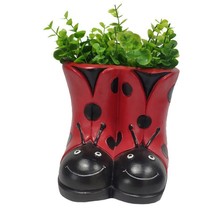 Ladybug Boot Planter Red Black Dots Resin 7" High Home Garden Decor Adorable