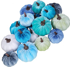 Set Of 16 Faux Assorted Velvet Pumpkins Decorative Teal Blue Green Gray Ivory - £30.67 GBP