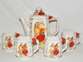 Vintage 5pc Tea Set Square Porcelain Teapot &amp; Cups Embossed Fruit Motif ... - £39.16 GBP