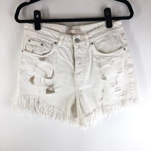 Zara Womens Denim Shorts Distressed Destroyed Button Fly Fringe White 8 - $14.49