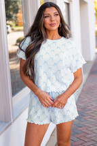 Sky Blue Bow Knot Geometric Print Lettuce Trim Two Piece Lounge Set - $376.92 MXN