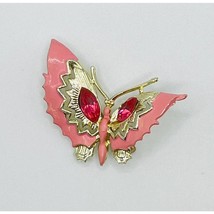 Vintage Pink Enamel Butterfly Brooch Pink Rhinestone 1.75&quot; Gold Tone Unsigned - $29.65