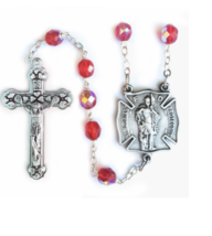 RED CRYSTAL GLASS CUT WOOD BEADS AND ST. FLORIAN CENTER ROSARY CROSS CRU... - £31.59 GBP