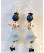 Angel Dangle Wire Wrap Earrings Blue Gemstone Beads Sterling Wires Handmade - £12.78 GBP