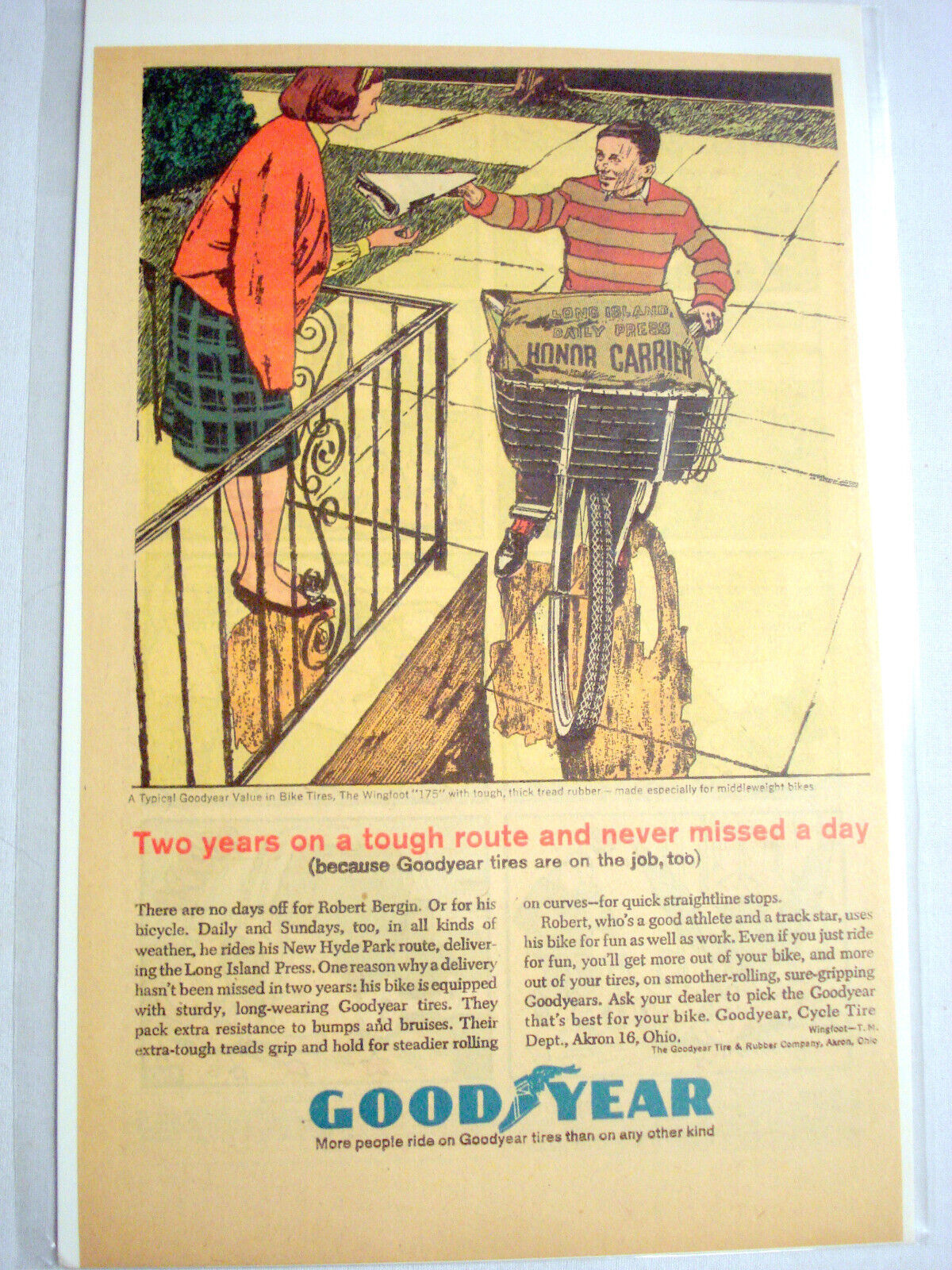 Primary image for 1964 Ad Goodyear Bicycle Tires with Newspaper Boy on Bicycle