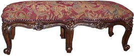 Footstool French Country Farmhouse Serpentine Ornate Carved Wood, Red Fabric - £520.71 GBP