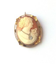 Antique Victorian Shell Cameo Diamond Necklace 10k Yellow Gold Brooch Pendant - £233.16 GBP