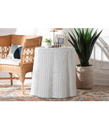 Claire Bohemian White Scalloped Rattan End Table - $531.00